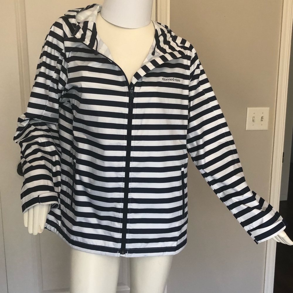 Vineyard Vines Navy Striped Stow & Go Rain Jacket
